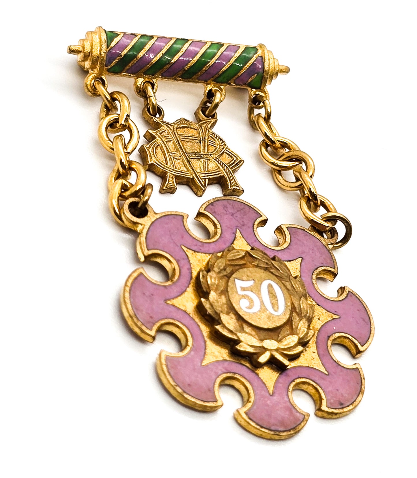 Daughters of Rebekah 50 year fraternal gold filled enamel pink and green lapel pin brooch