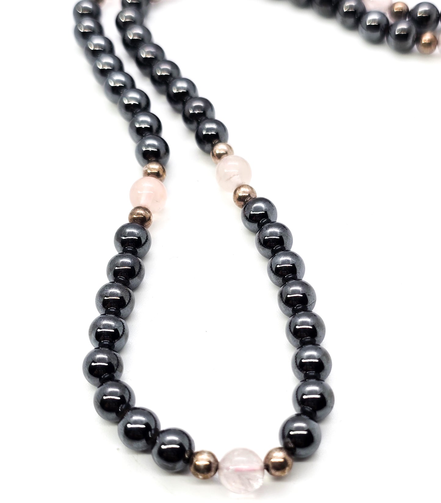 Hematite and Rose Quartz sterling silver long beaded 24 inch necklace