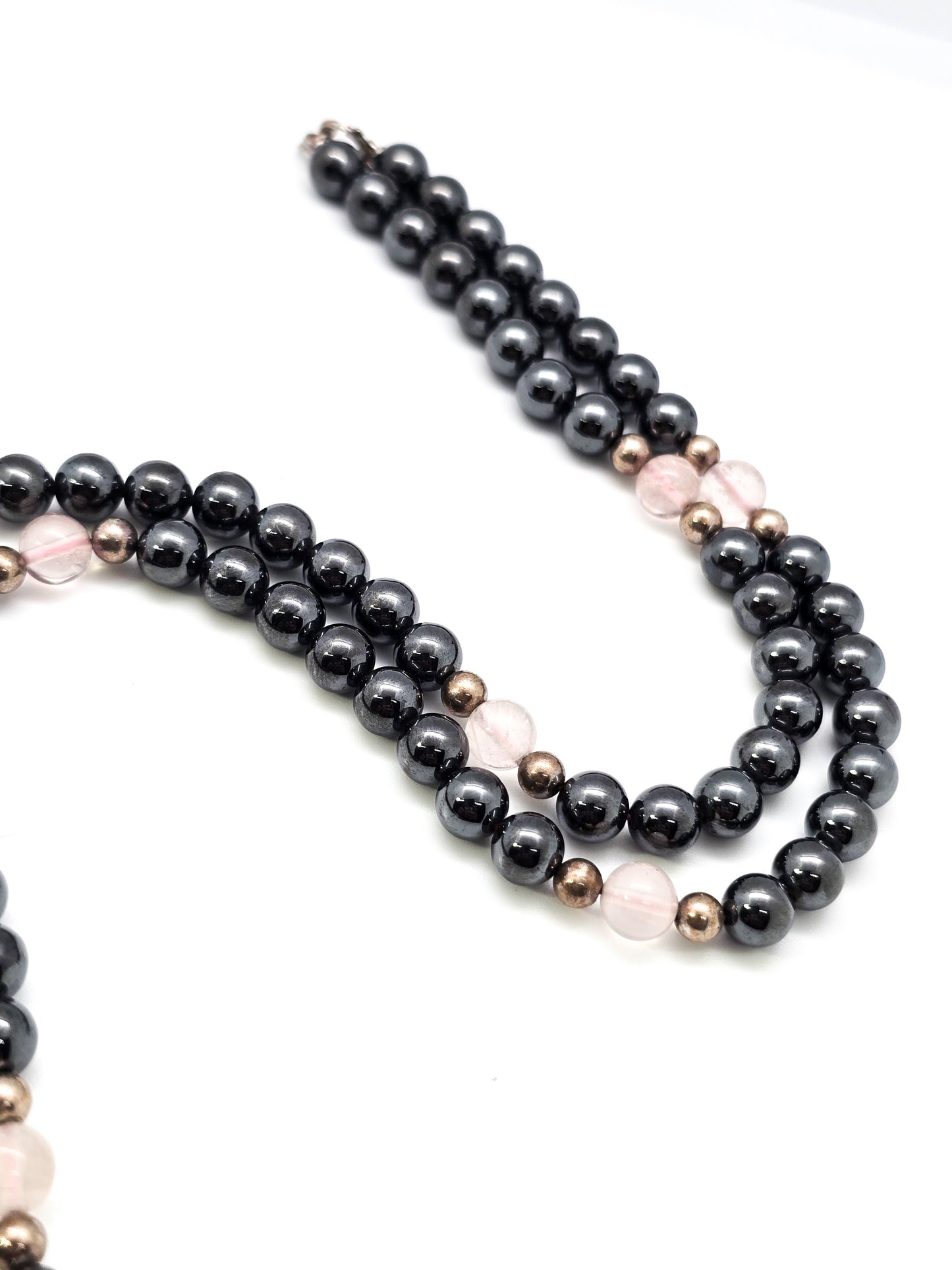 Hematite and Rose Quartz sterling silver long beaded 24 inch necklace