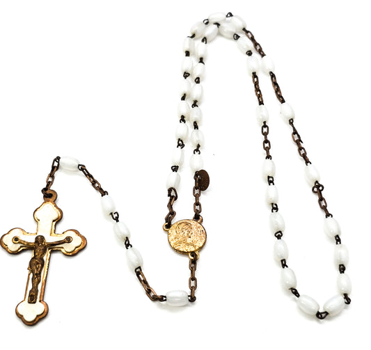 Mother of pearl gold toned vintage white Czech glass beaded rosary MOP