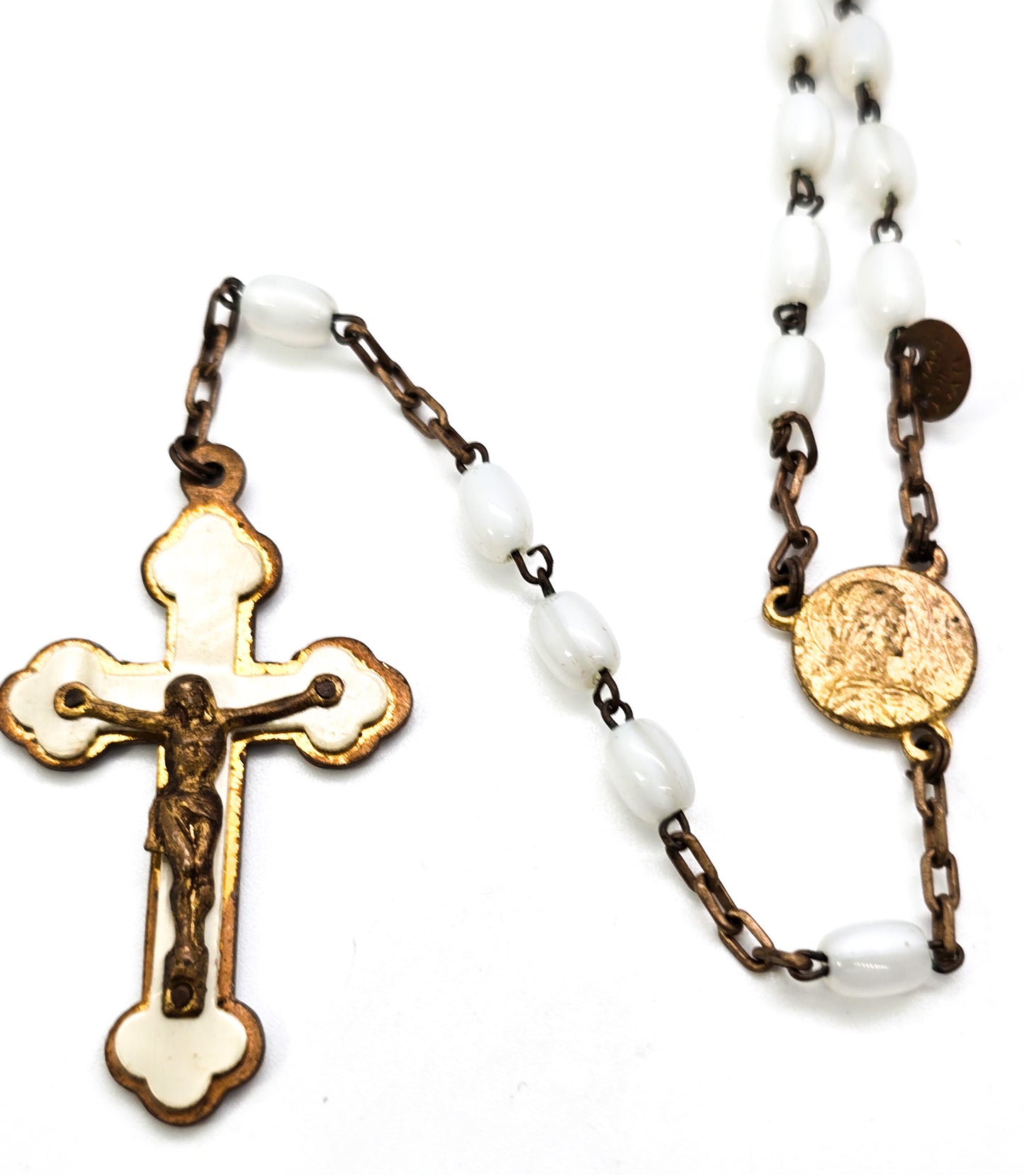 Mother of pearl gold toned vintage white Czech glass beaded rosary MOP