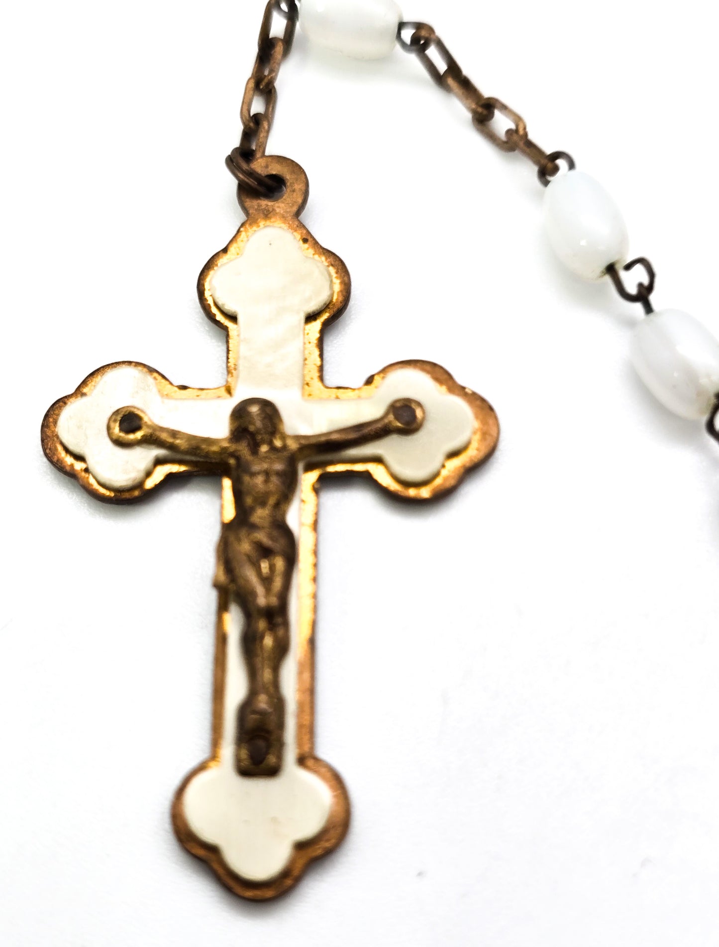Mother of pearl gold toned vintage white Czech glass beaded rosary MOP