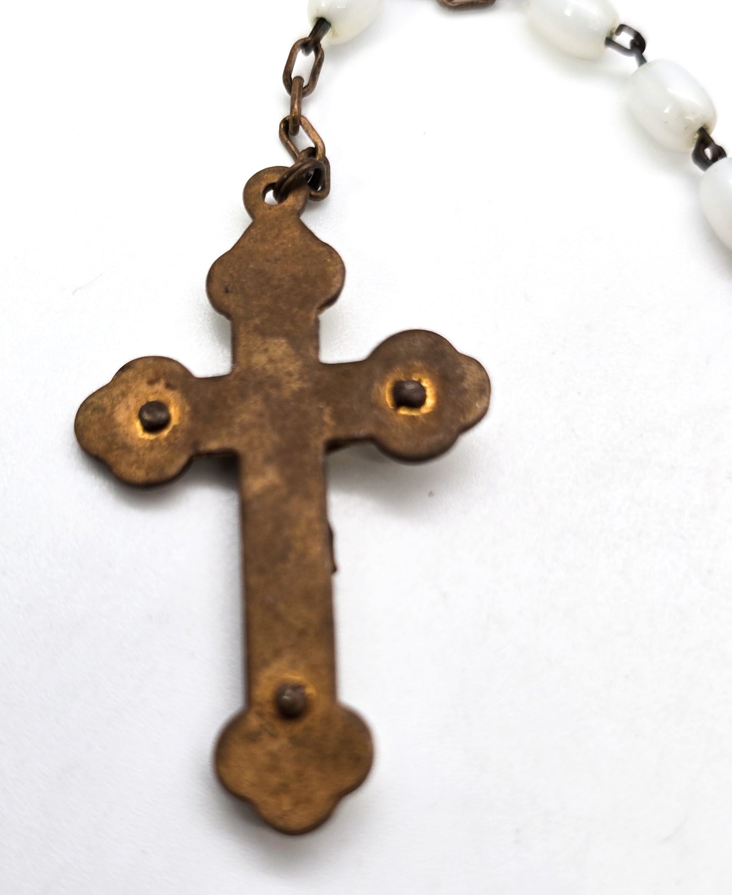 Mother of pearl gold toned vintage white Czech glass beaded rosary MOP