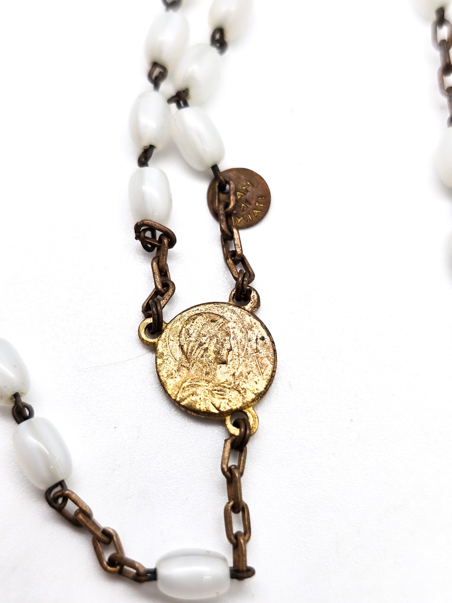 Mother of pearl gold toned vintage white Czech glass beaded rosary MOP