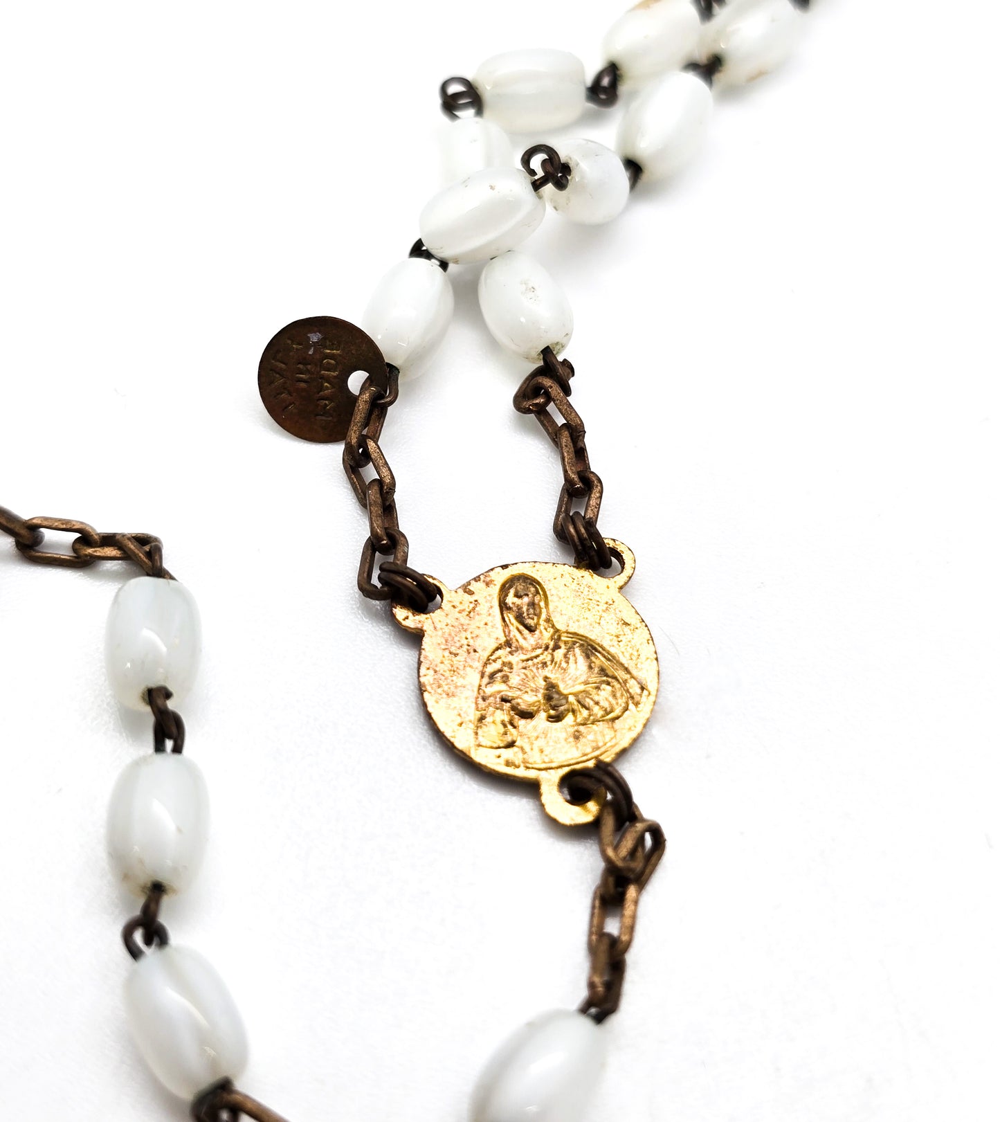 Mother of pearl gold toned vintage white Czech glass beaded rosary MOP