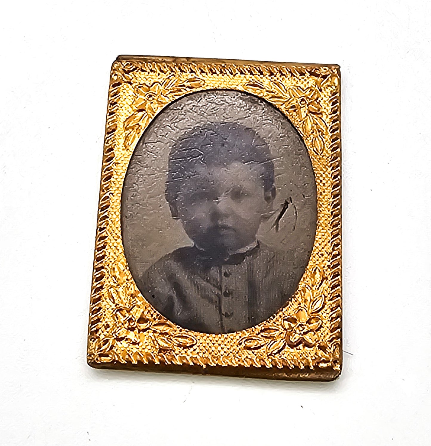 Antique Victorian mini gold framed child's tin type early photograph Memento