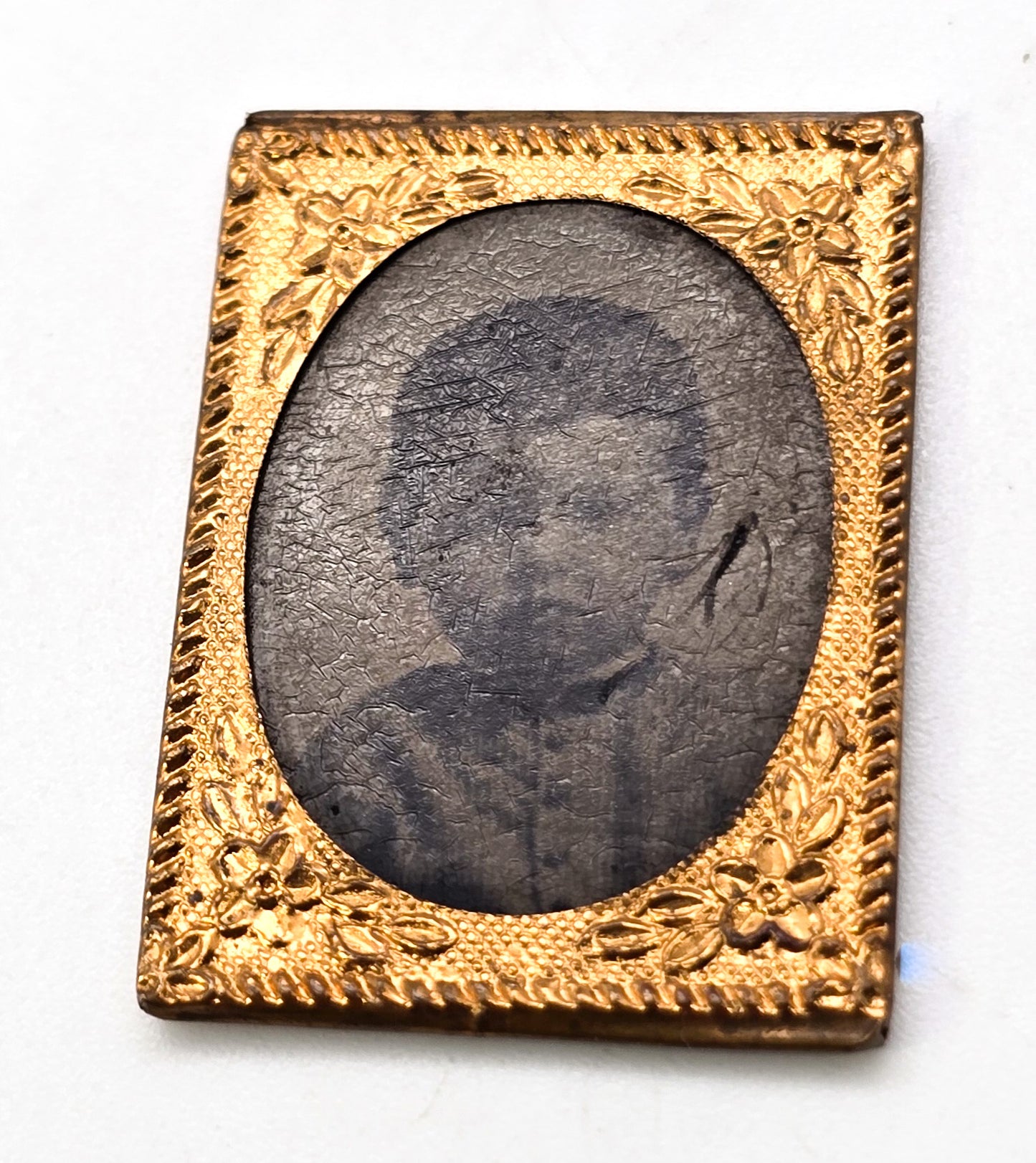 Antique Victorian mini gold framed child's tin type early photograph Memento