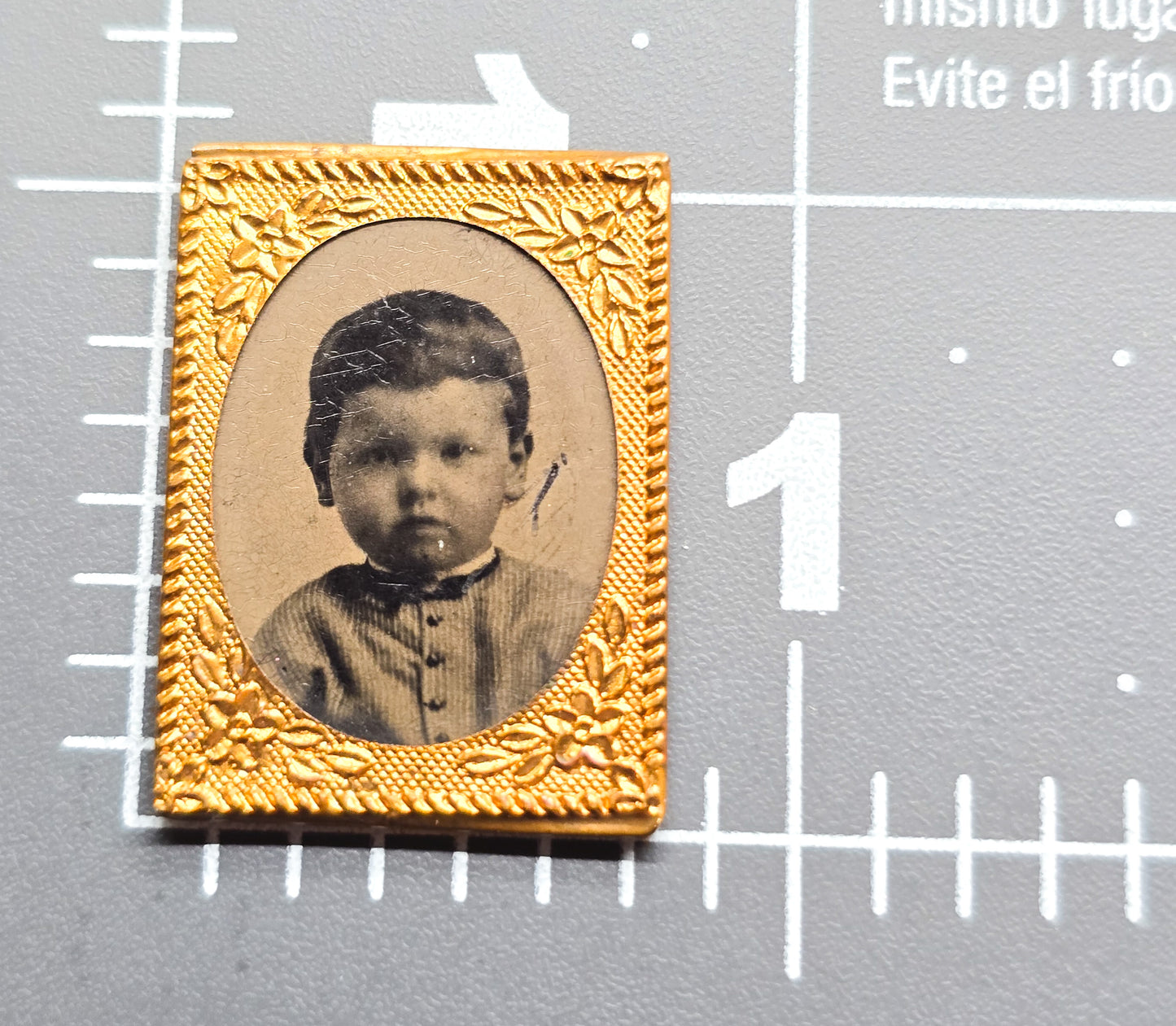 Antique Victorian mini gold framed child's tin type early photograph Memento