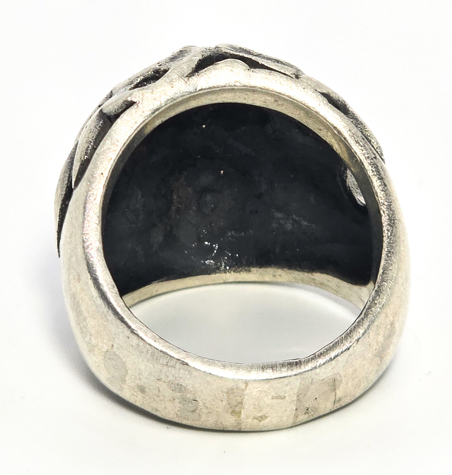 Thick Skull tribal flames retro biker solid sterling silver memento mori ring size 10.5