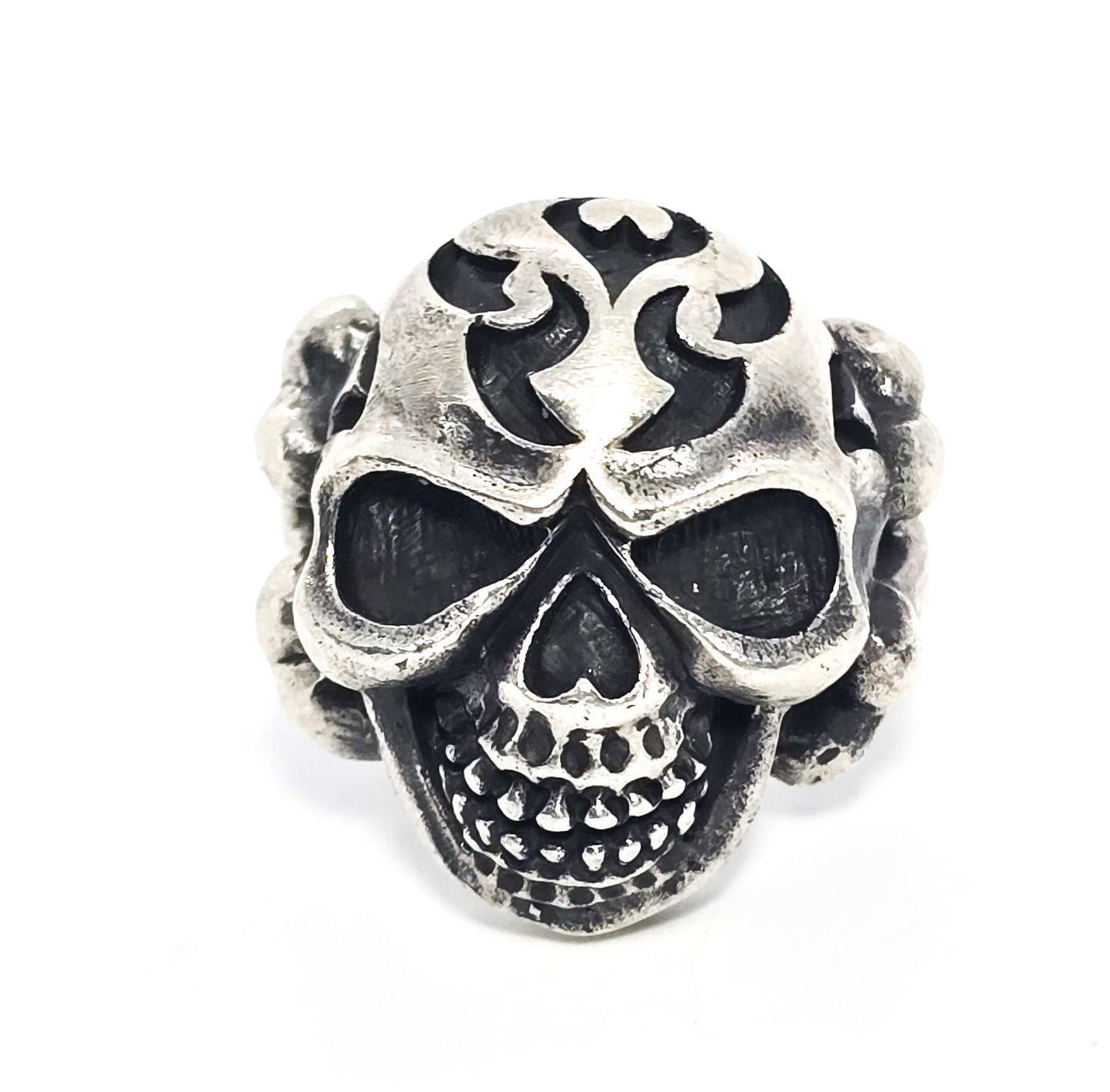 Thick Skull tribal flame cross bones retro biker sterling silver goth ring size 10.5