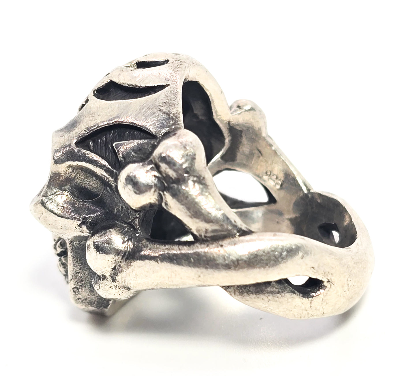 Thick Skull tribal flame cross bones retro biker sterling silver goth ring size 10.5