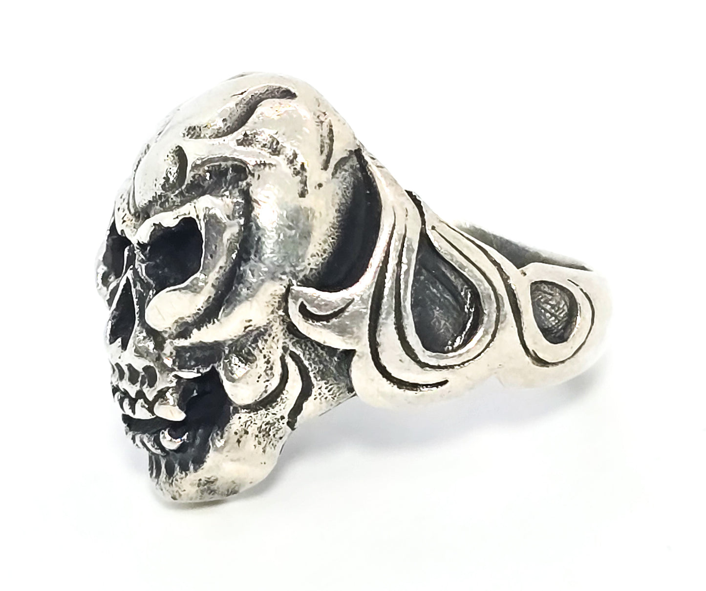 Thick Skull retro biker solid sterling silver tribal fire memento mori goth ring size 9
