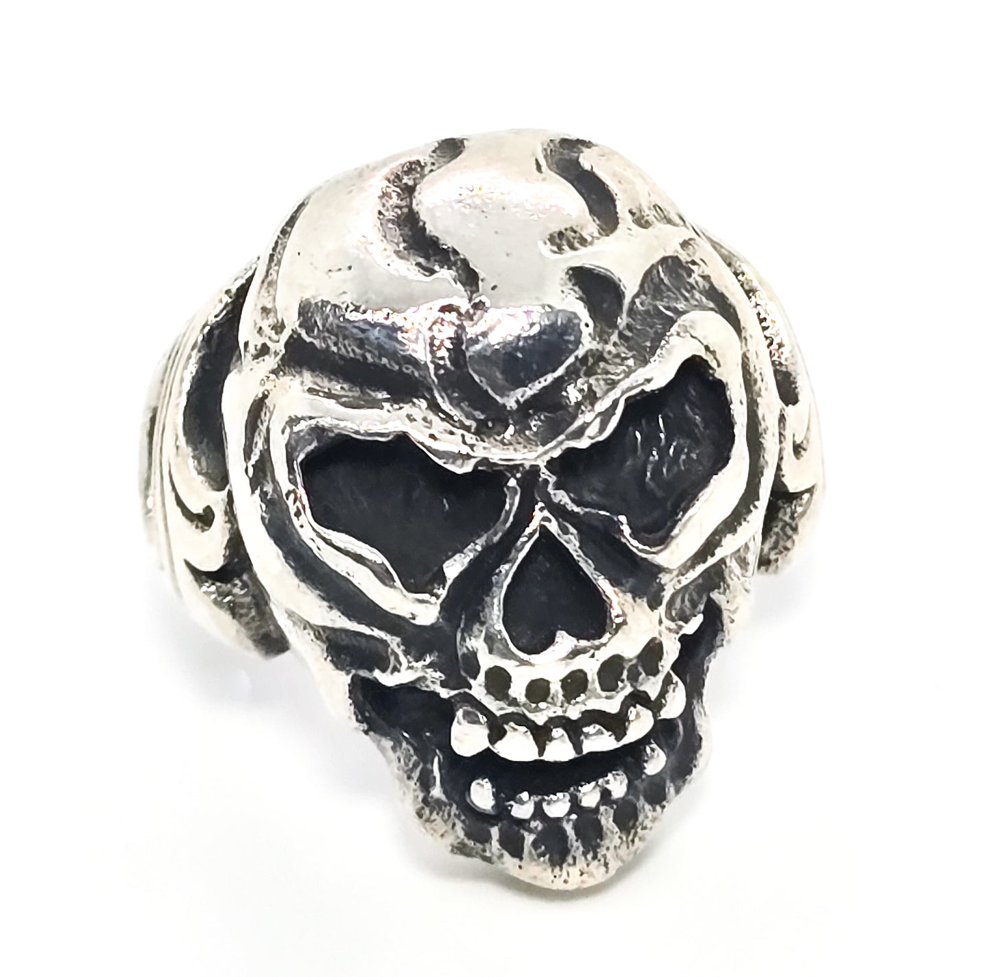 Thick Skull retro biker solid sterling silver tribal fire memento mori goth ring size 9