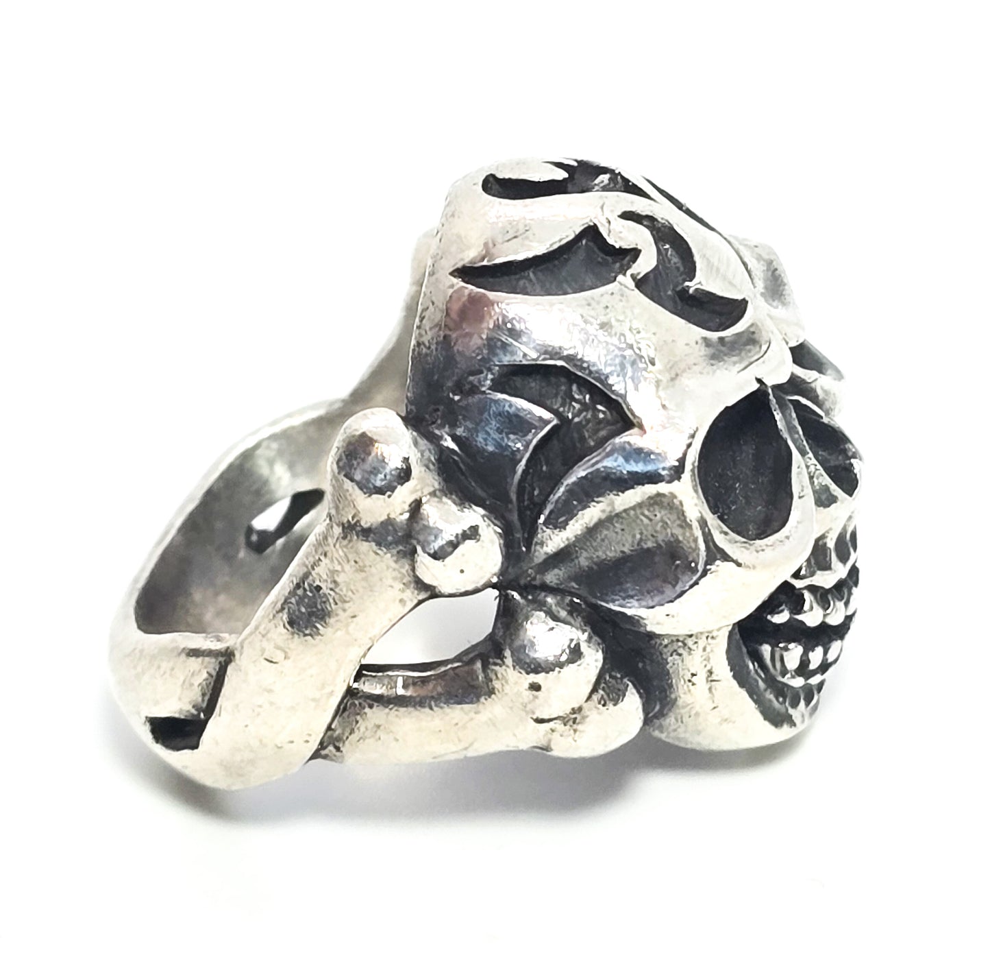 Thick Skull tribal flame cross bones retro biker sterling silver goth ring size 10 B