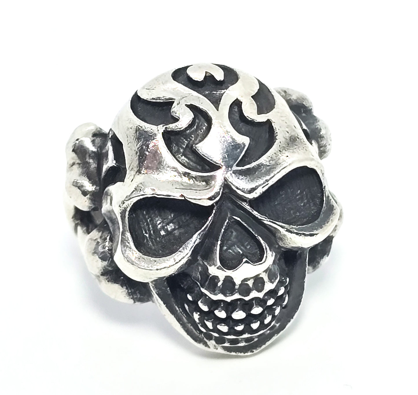 Thick Skull tribal flame cross bones retro biker sterling silver goth ring size 10 B