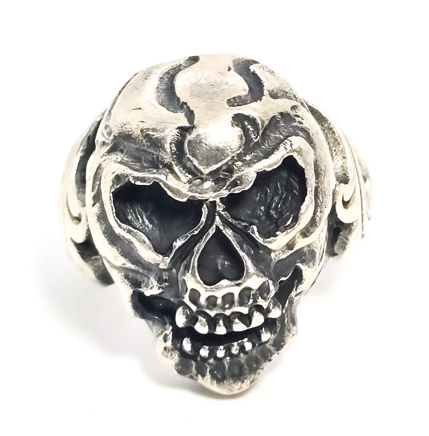 Thick Skull retro biker solid sterling silver tribal fire memento mori goth ring size 10.5