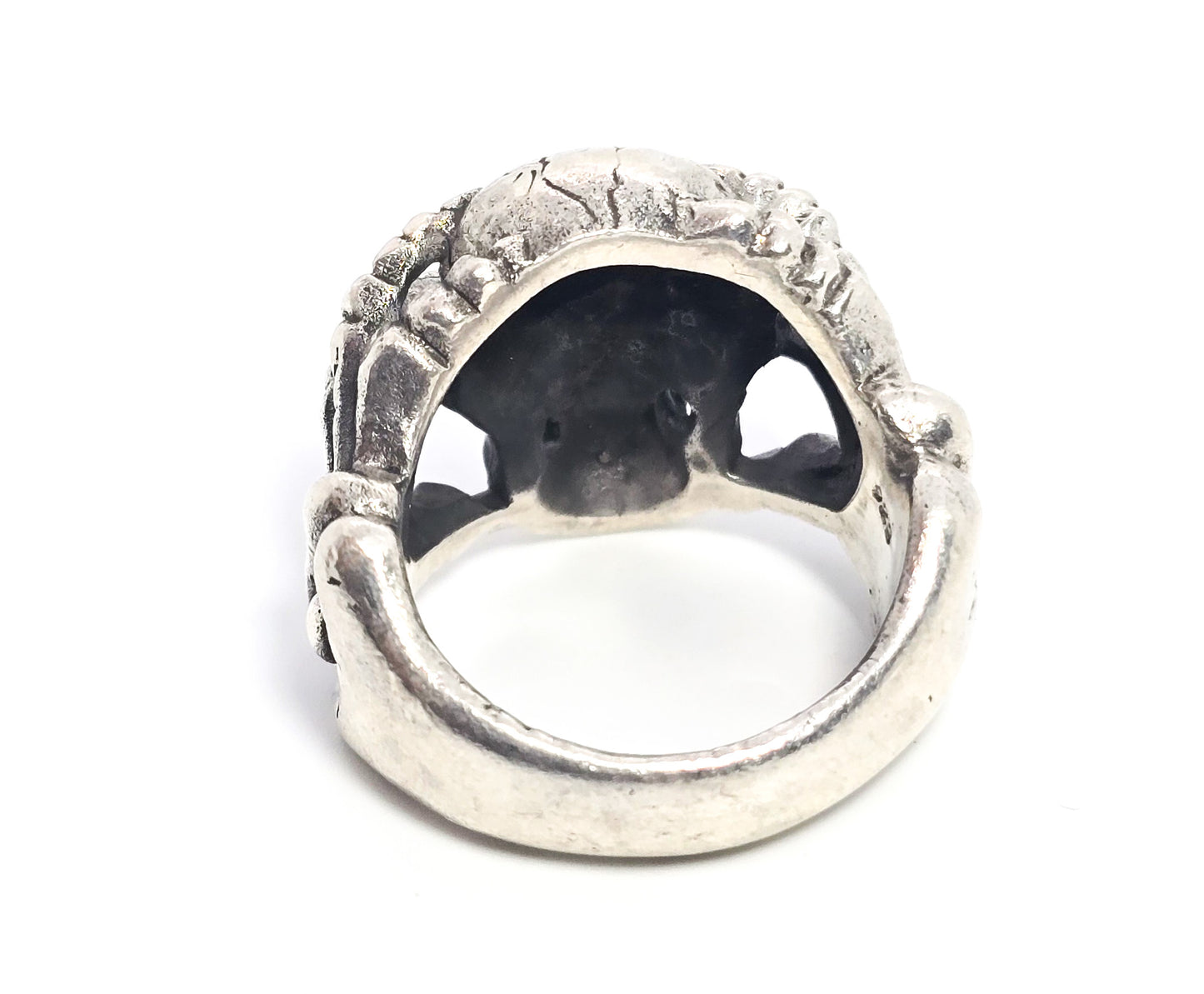 Under Pressure skull in hands bone sterling silver retro biker ring size 8