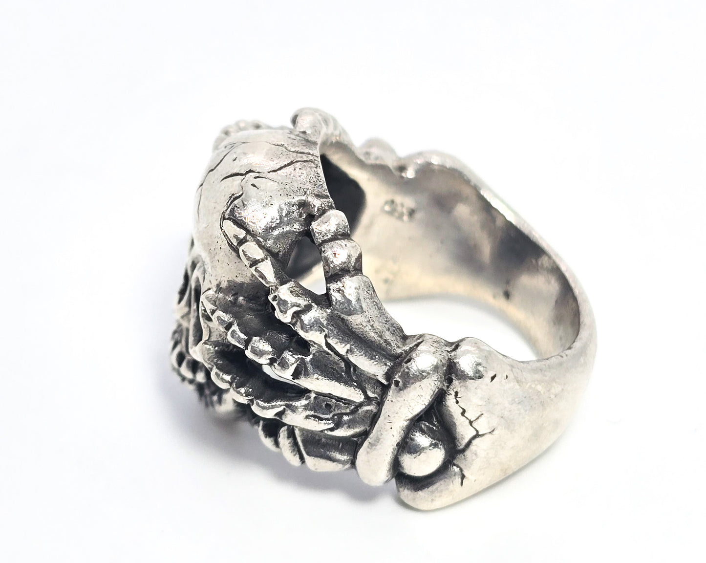 Under Pressure skull in hands bone sterling silver retro biker ring size 8