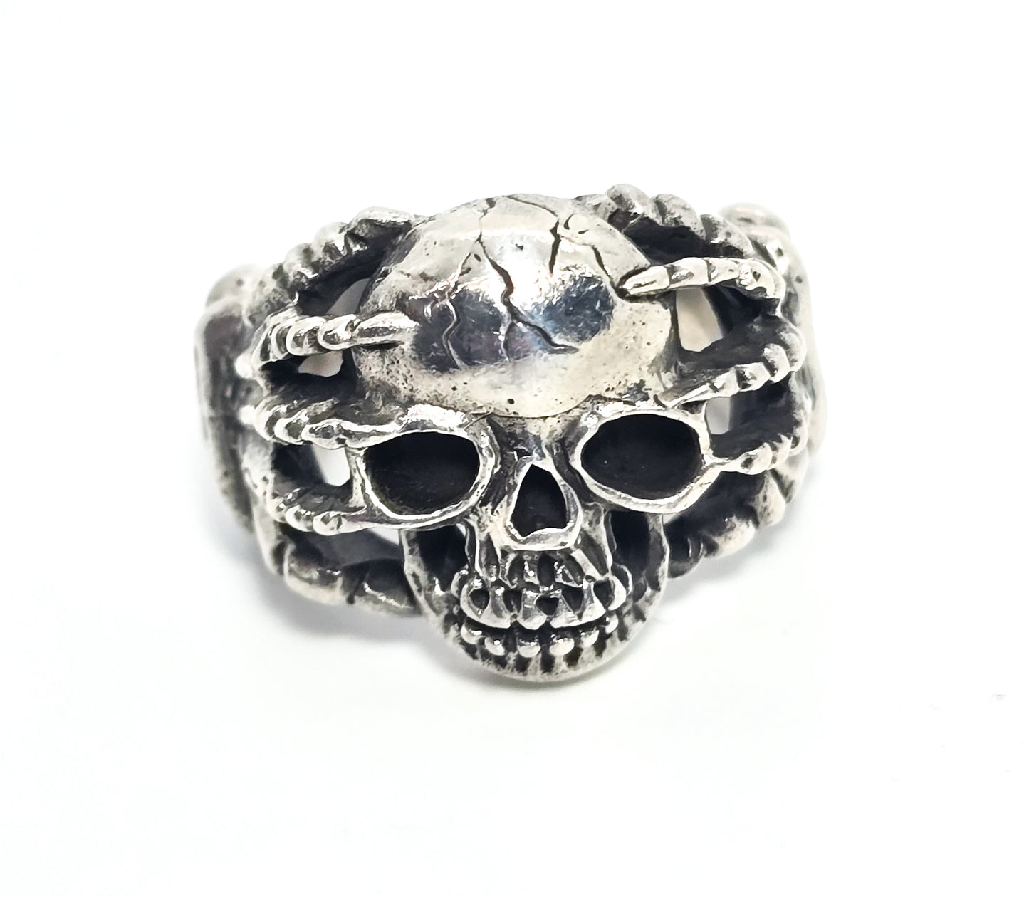 Under Pressure skull in hands bone sterling silver retro biker ring size 8