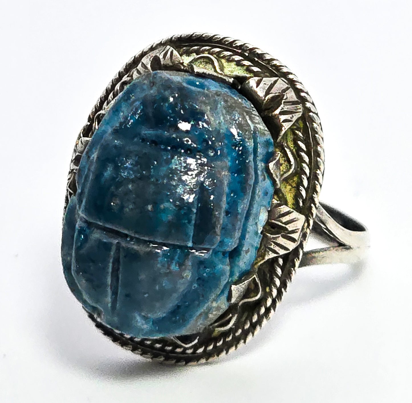 Egyptian Faience Blue Winged Scarab Beetle Egyptian Revival Sterling Silver Ring size 6.5