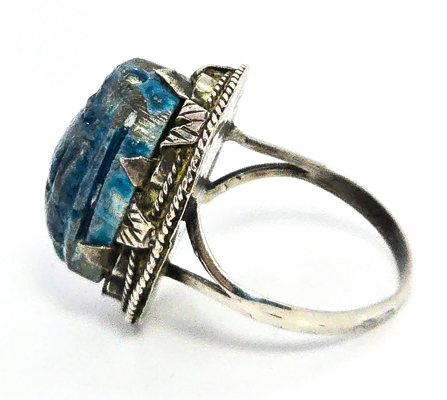 Egyptian Faience Blue Winged Scarab Beetle Egyptian Revival Sterling Silver Ring size 6.5
