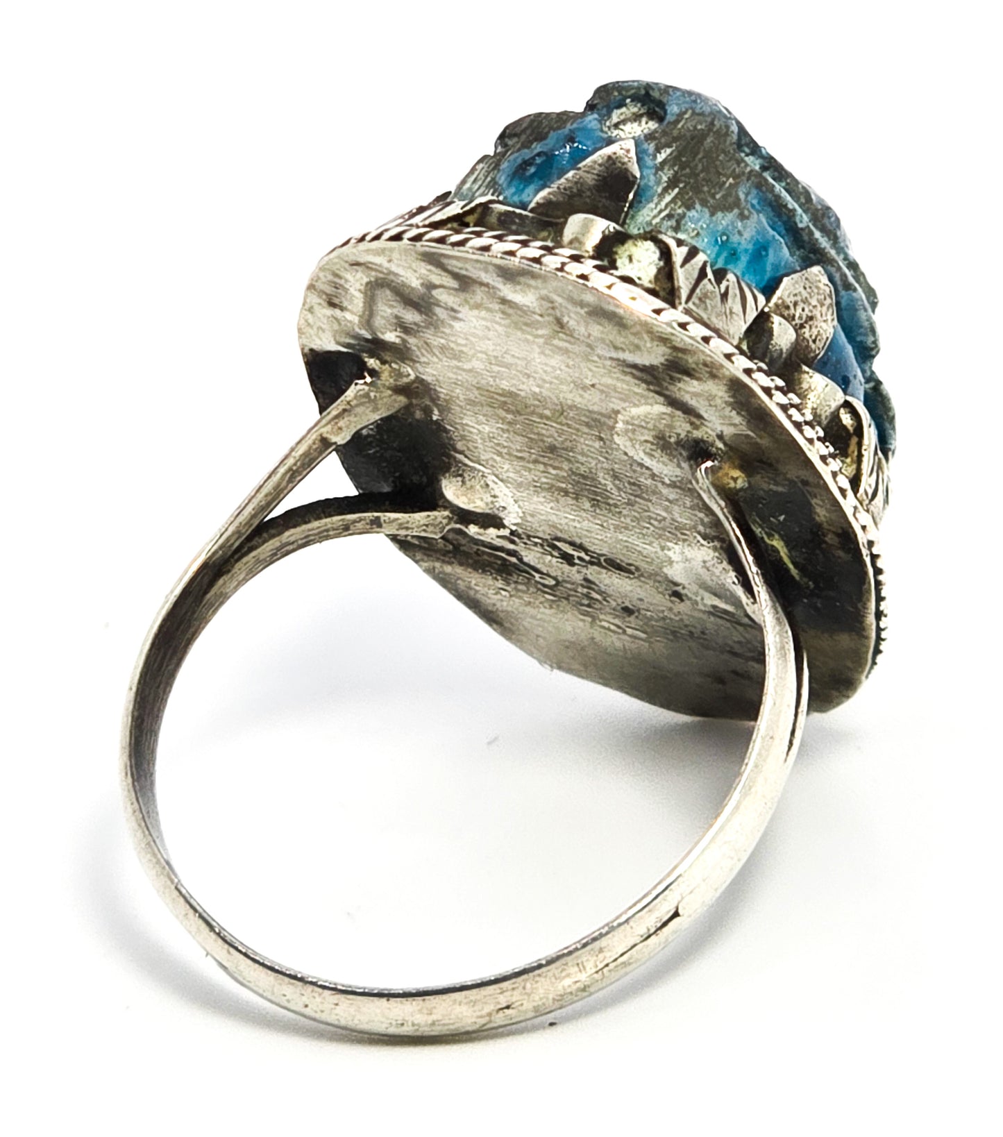 Egyptian Faience Blue Winged Scarab Beetle Egyptian Revival Sterling Silver Ring size 6.5