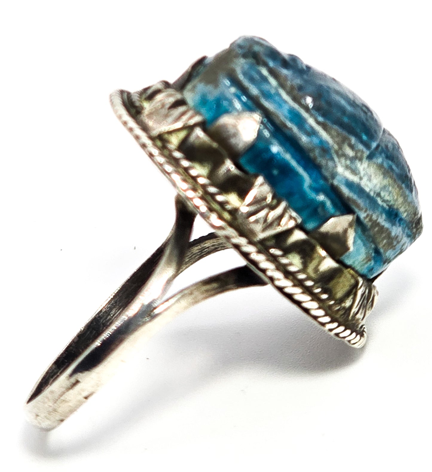 Egyptian Faience Blue Winged Scarab Beetle Egyptian Revival Sterling Silver Ring size 6.5