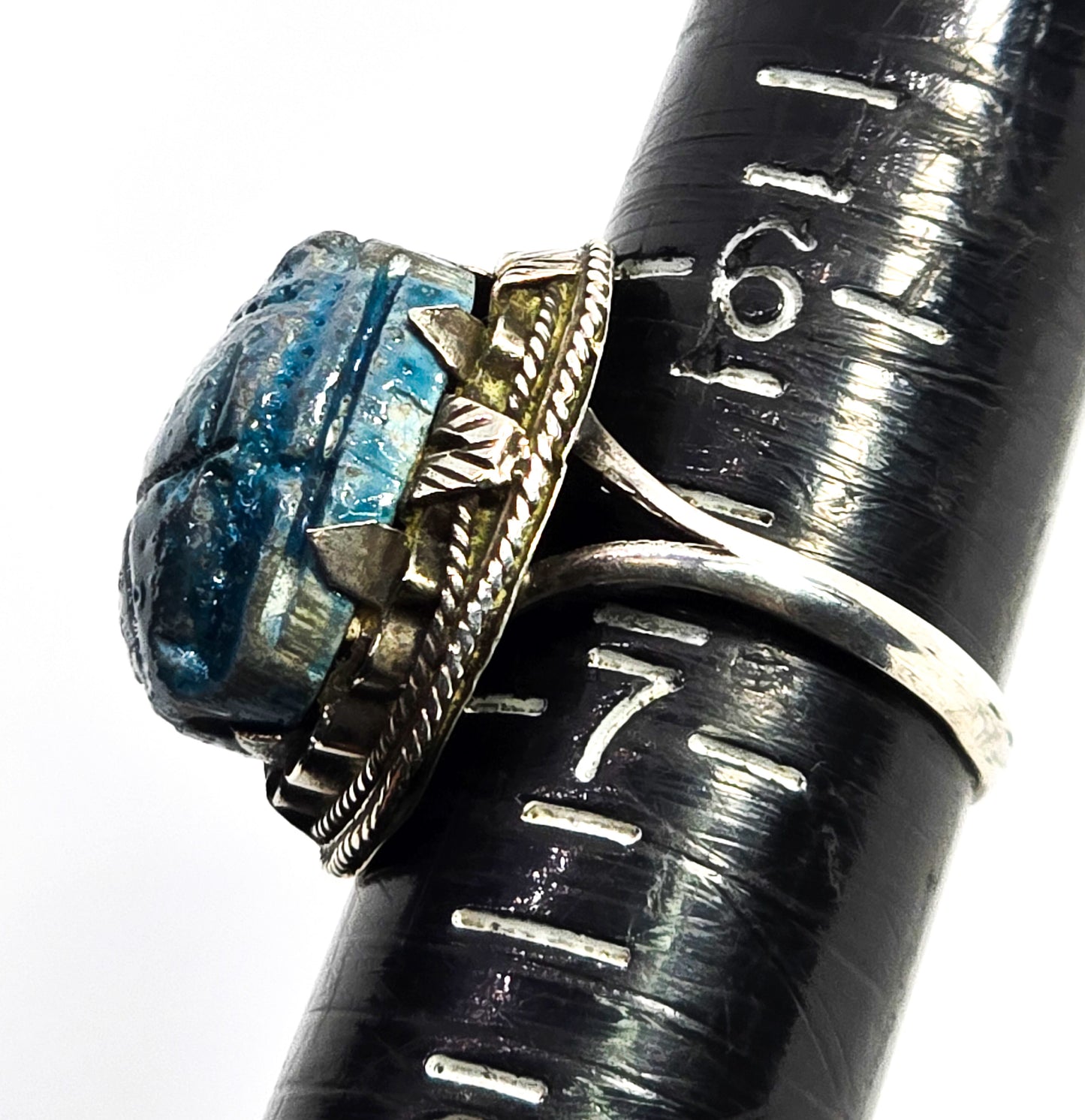 Egyptian Faience Blue Winged Scarab Beetle Egyptian Revival Sterling Silver Ring size 6.5