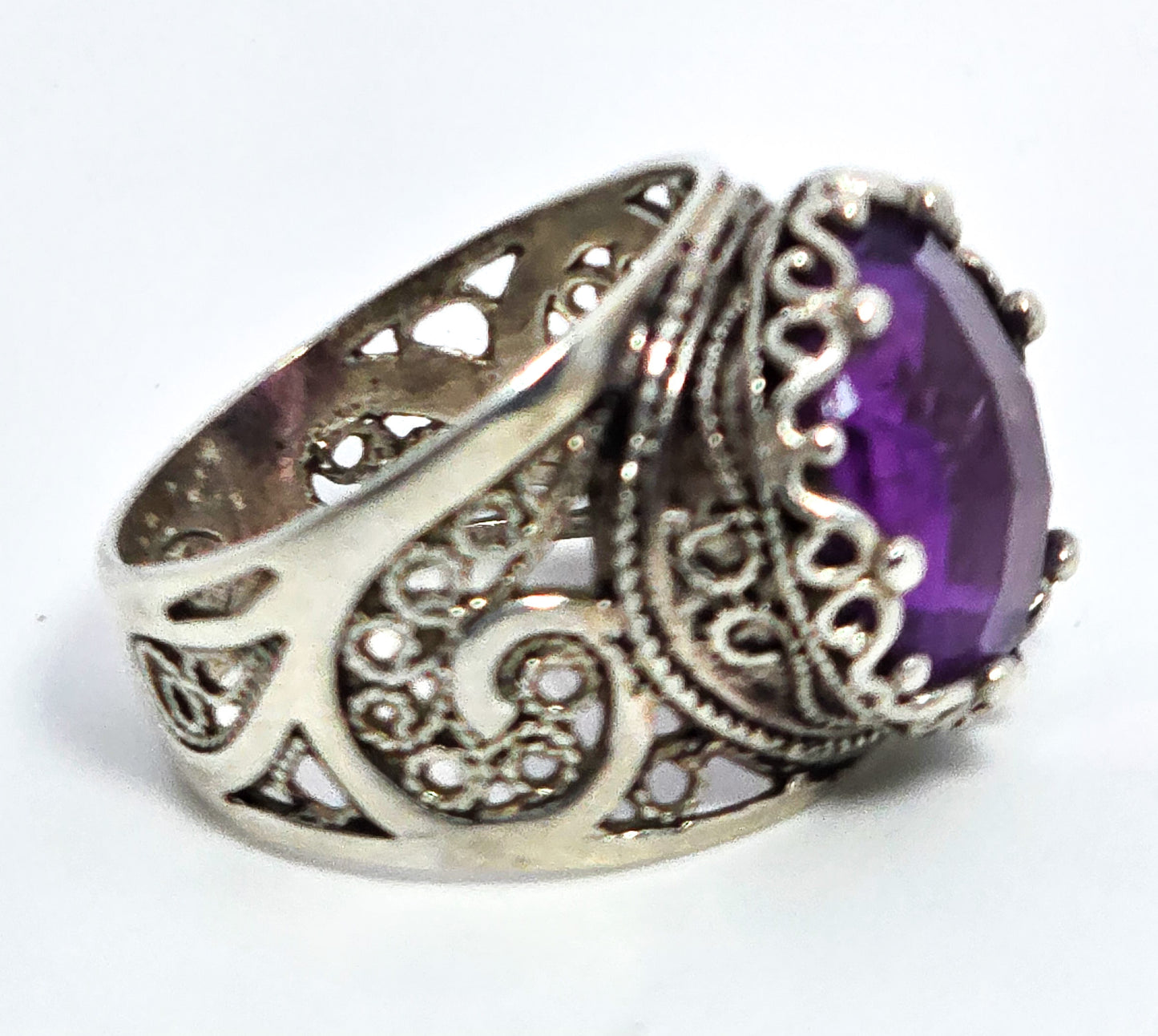 DGS Turkey faceted cushion cut amethyst open work filigree sterling silver ring size 6