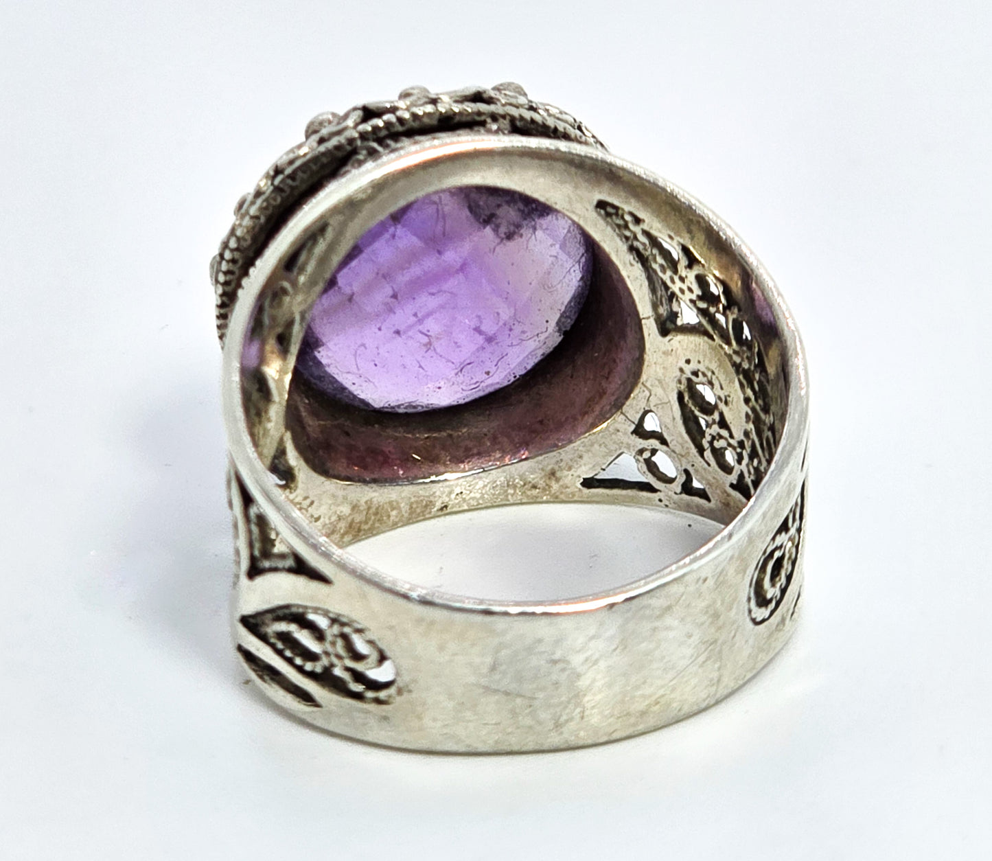 DGS Turkey faceted cushion cut amethyst open work filigree sterling silver ring size 6