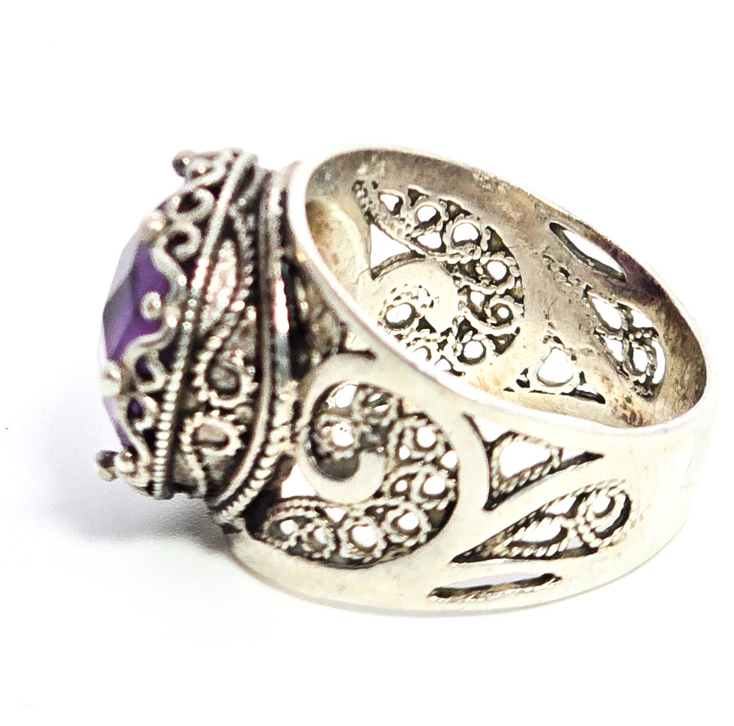 DGS Turkey faceted cushion cut amethyst open work filigree sterling silver ring size 6