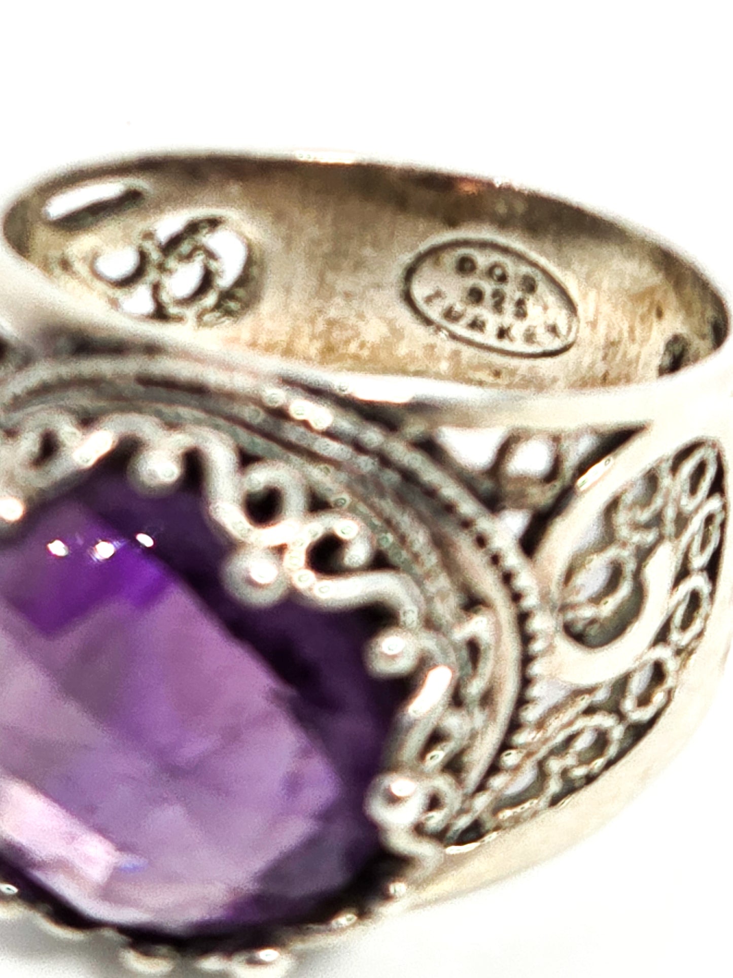 DGS Turkey faceted cushion cut amethyst open work filigree sterling silver ring size 6