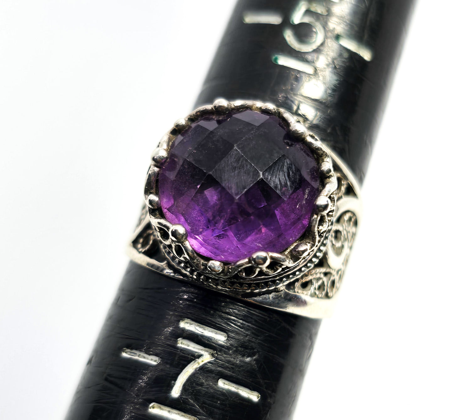 DGS Turkey faceted cushion cut amethyst open work filigree sterling silver ring size 6
