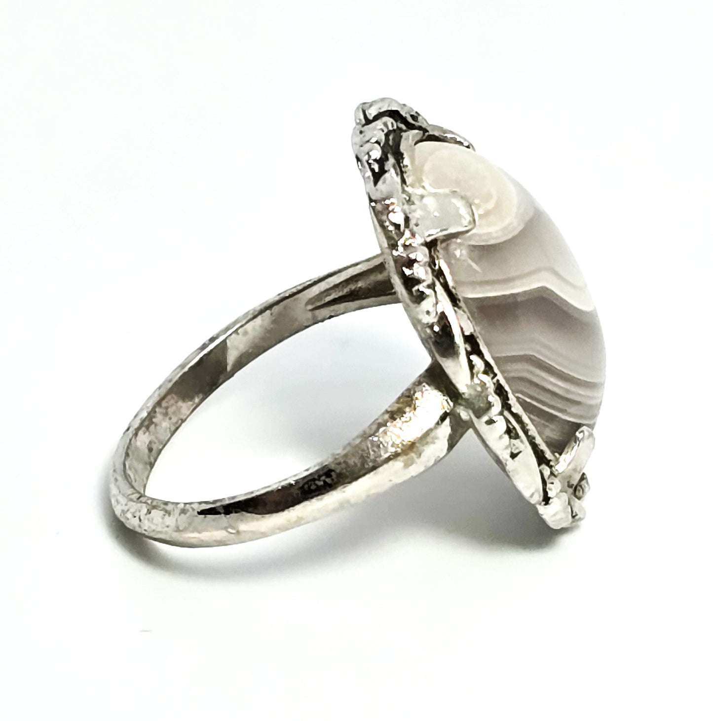 Clark and Coombs rhodium plated sterling silver banded agate Art Deco ring size 6.5