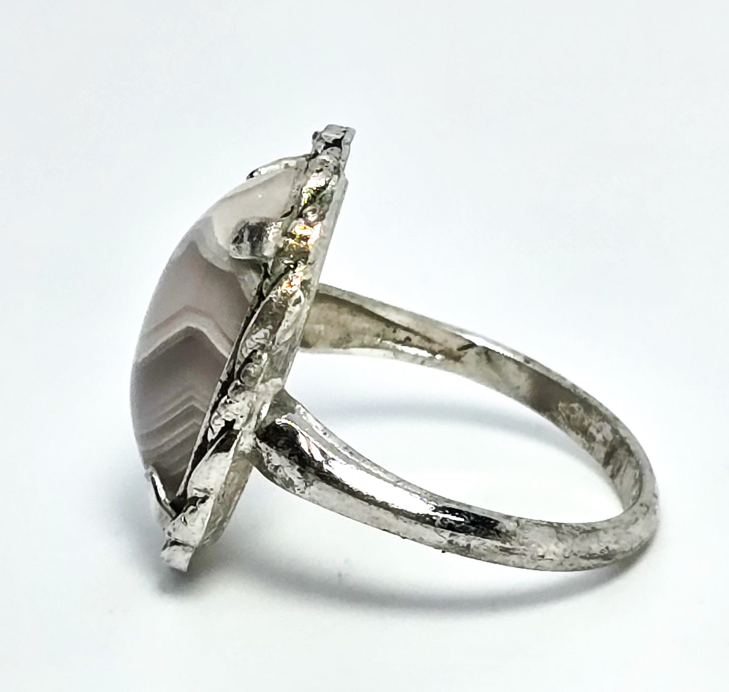 Clark and Coombs rhodium plated sterling silver banded agate Art Deco ring size 6.5