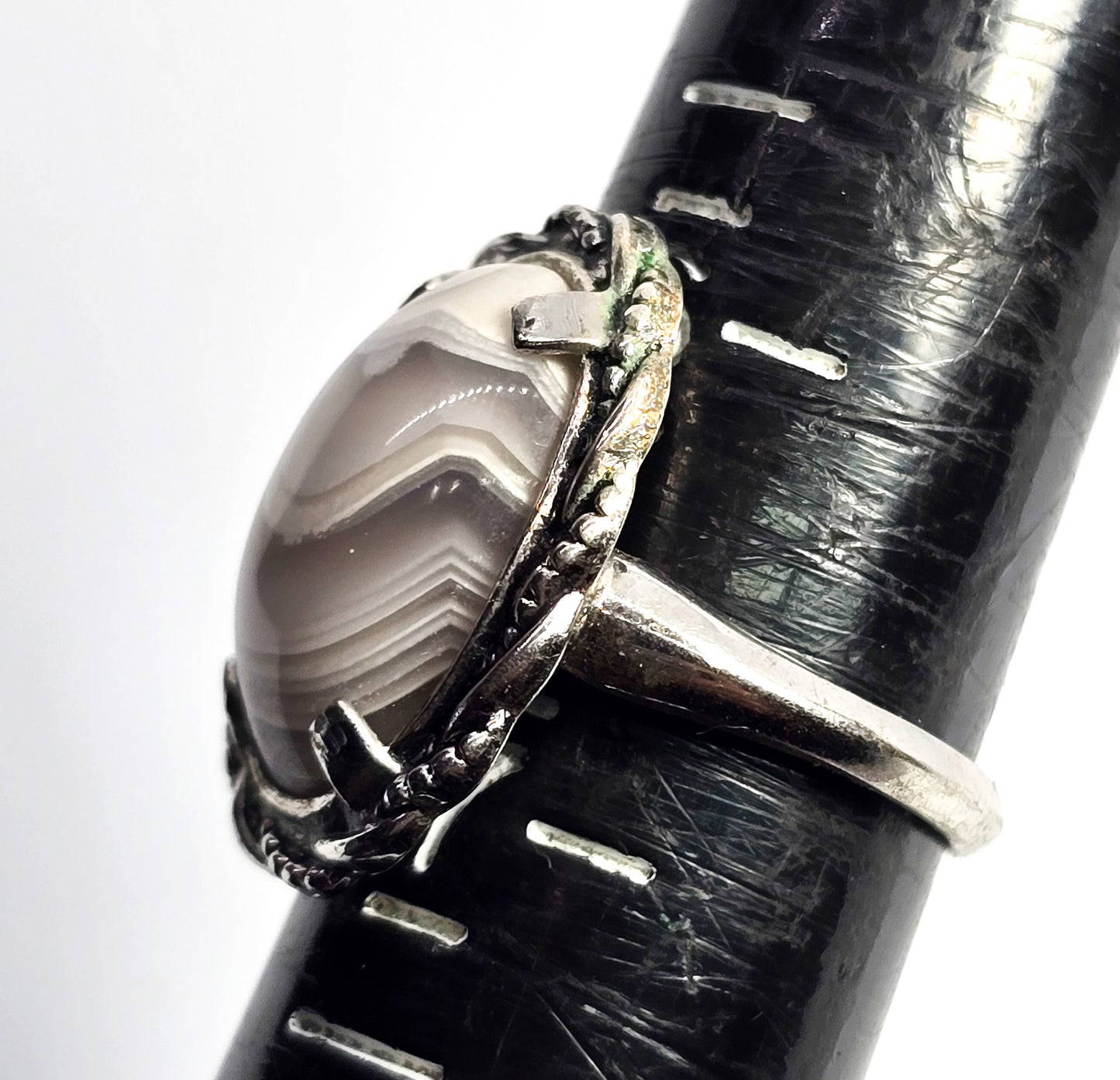 Clark and Coombs rhodium plated sterling silver banded agate Art Deco ring size 6.5