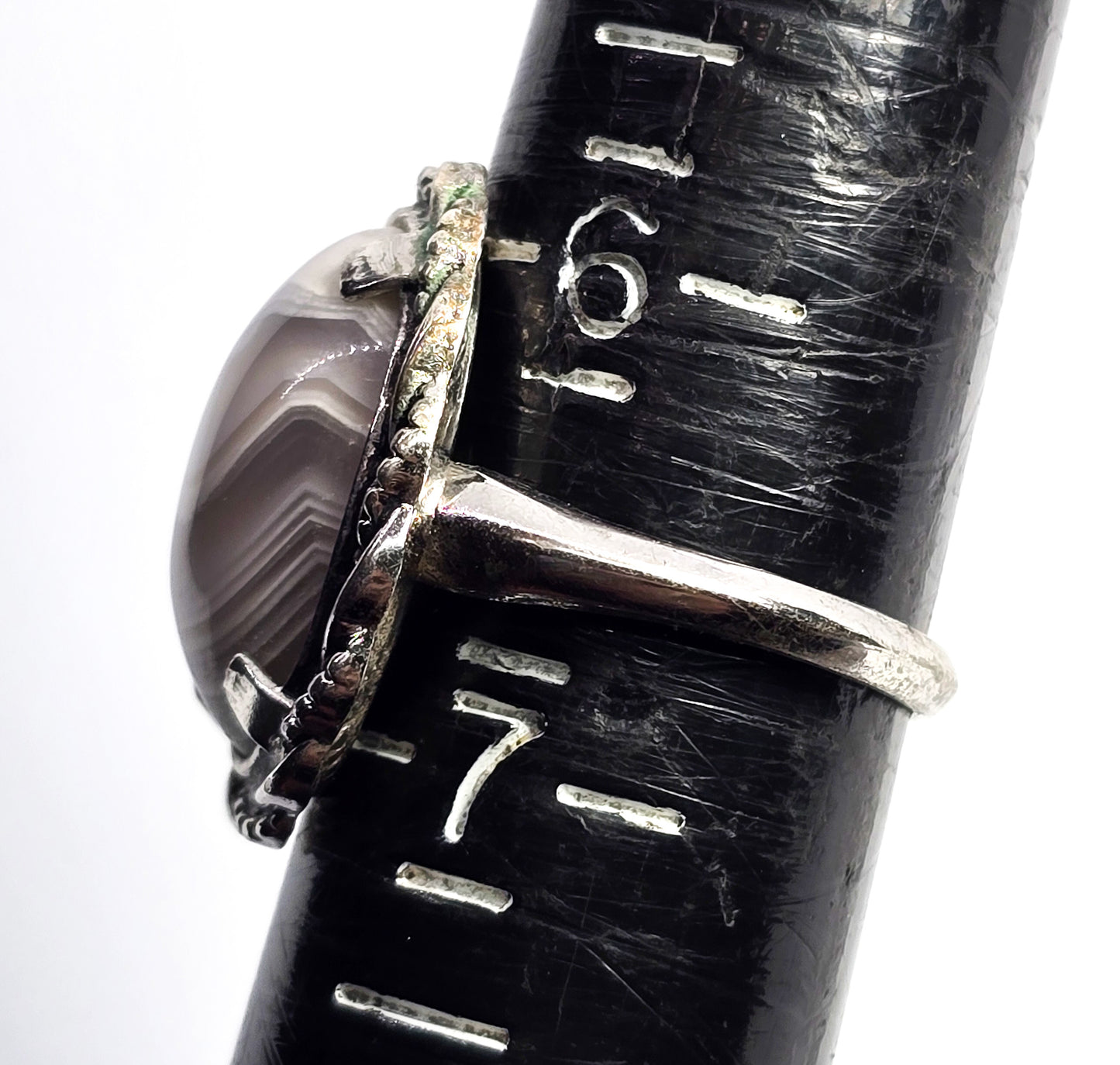 Clark and Coombs rhodium plated sterling silver banded agate Art Deco ring size 6.5