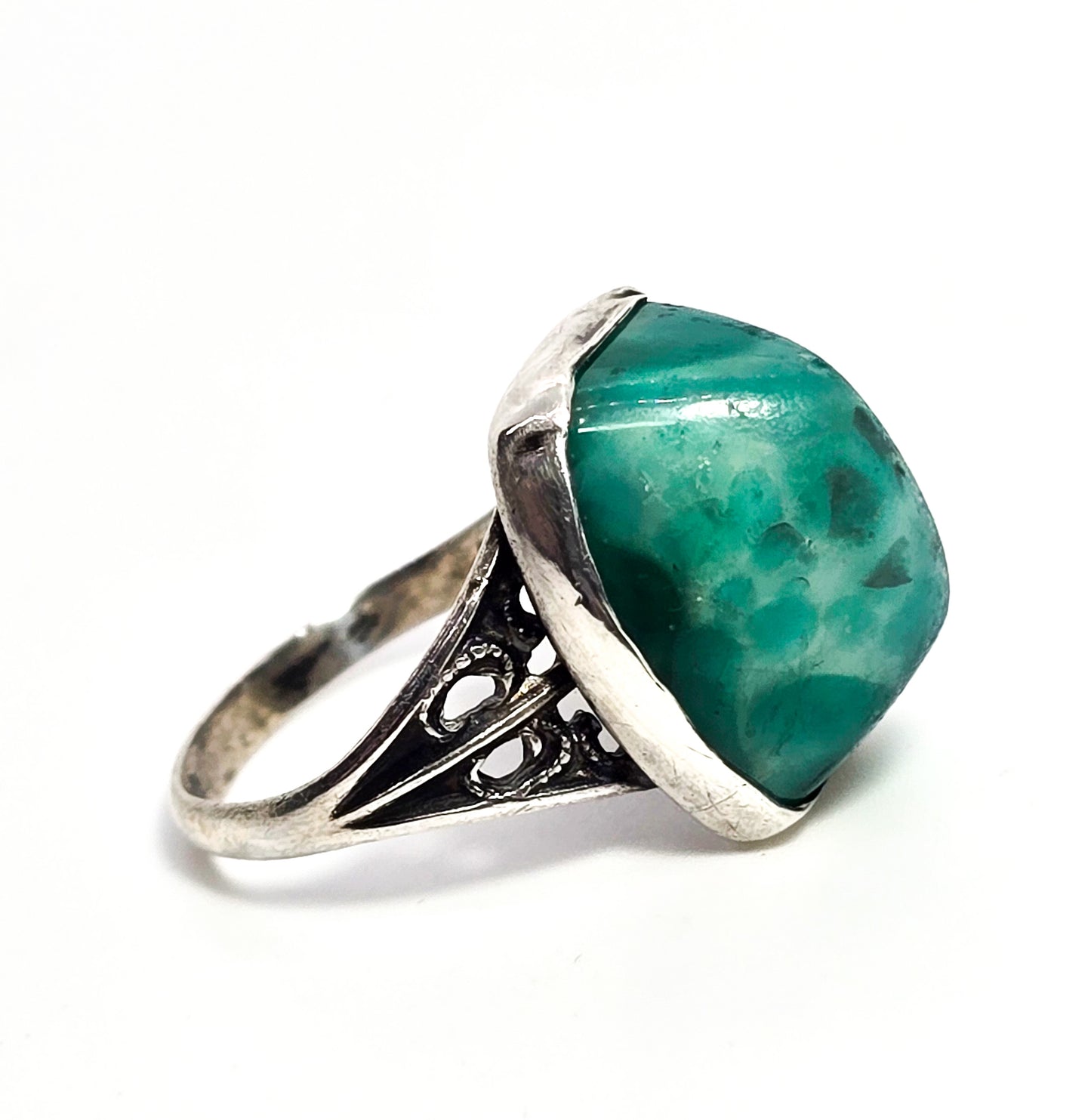 Peking Glass Antique Czech green glass sterling silver Art Deco ring size 4 and 1/2