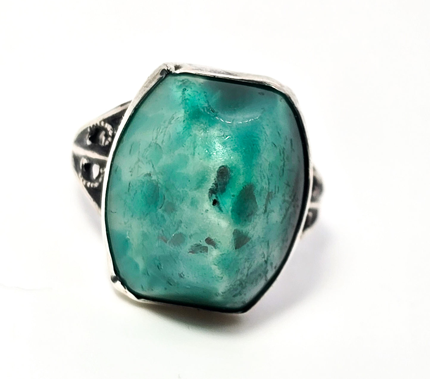 Peking Glass Antique Czech green glass sterling silver Art Deco ring size 4 and 1/2