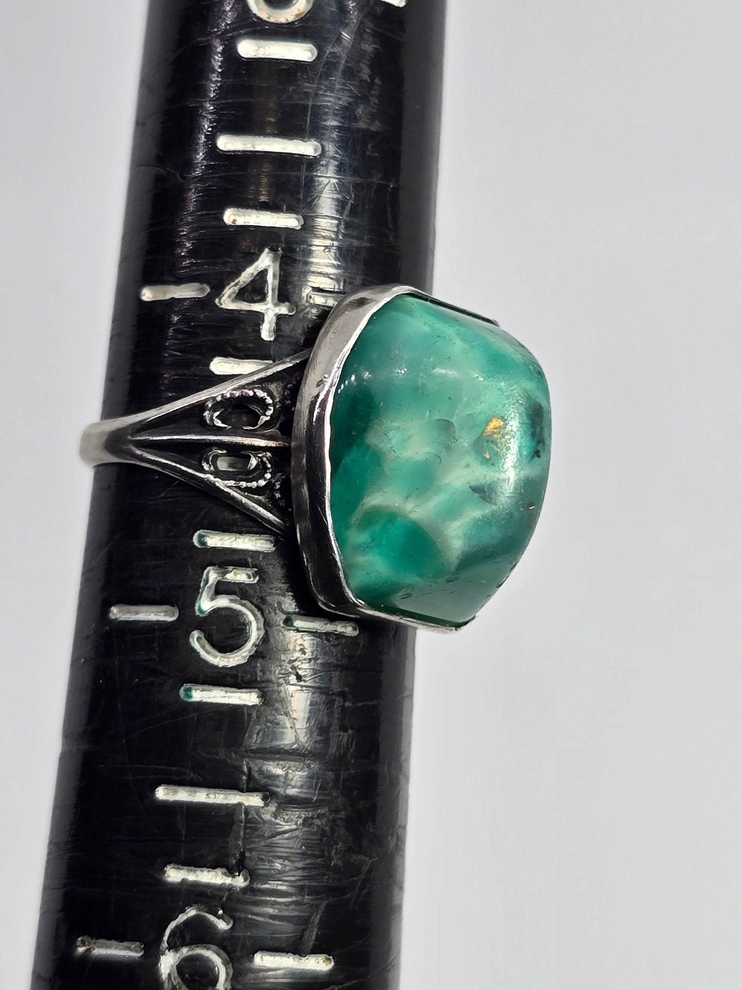 Peking Glass Antique Czech green glass sterling silver Art Deco ring size 4 and 1/2