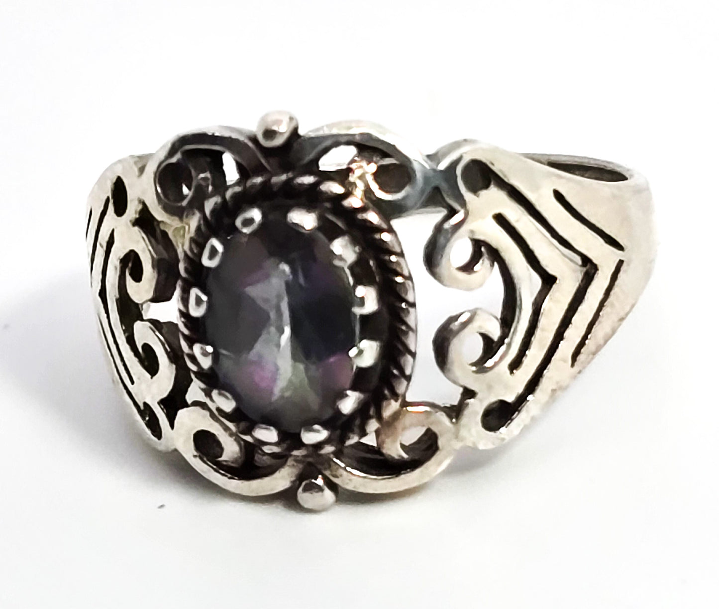Mystic Topaz rainbow gemstone tribal open work sterling silver ring size 6.5