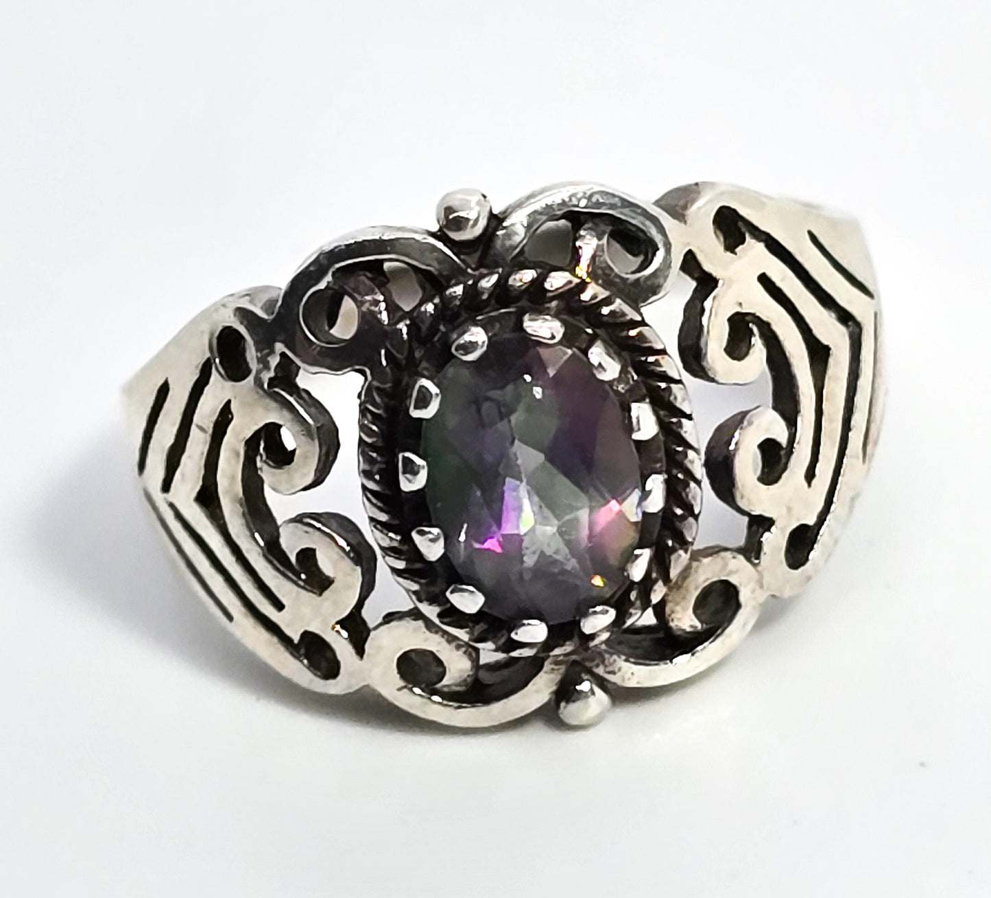Mystic Topaz rainbow gemstone tribal open work sterling silver ring size 6.5