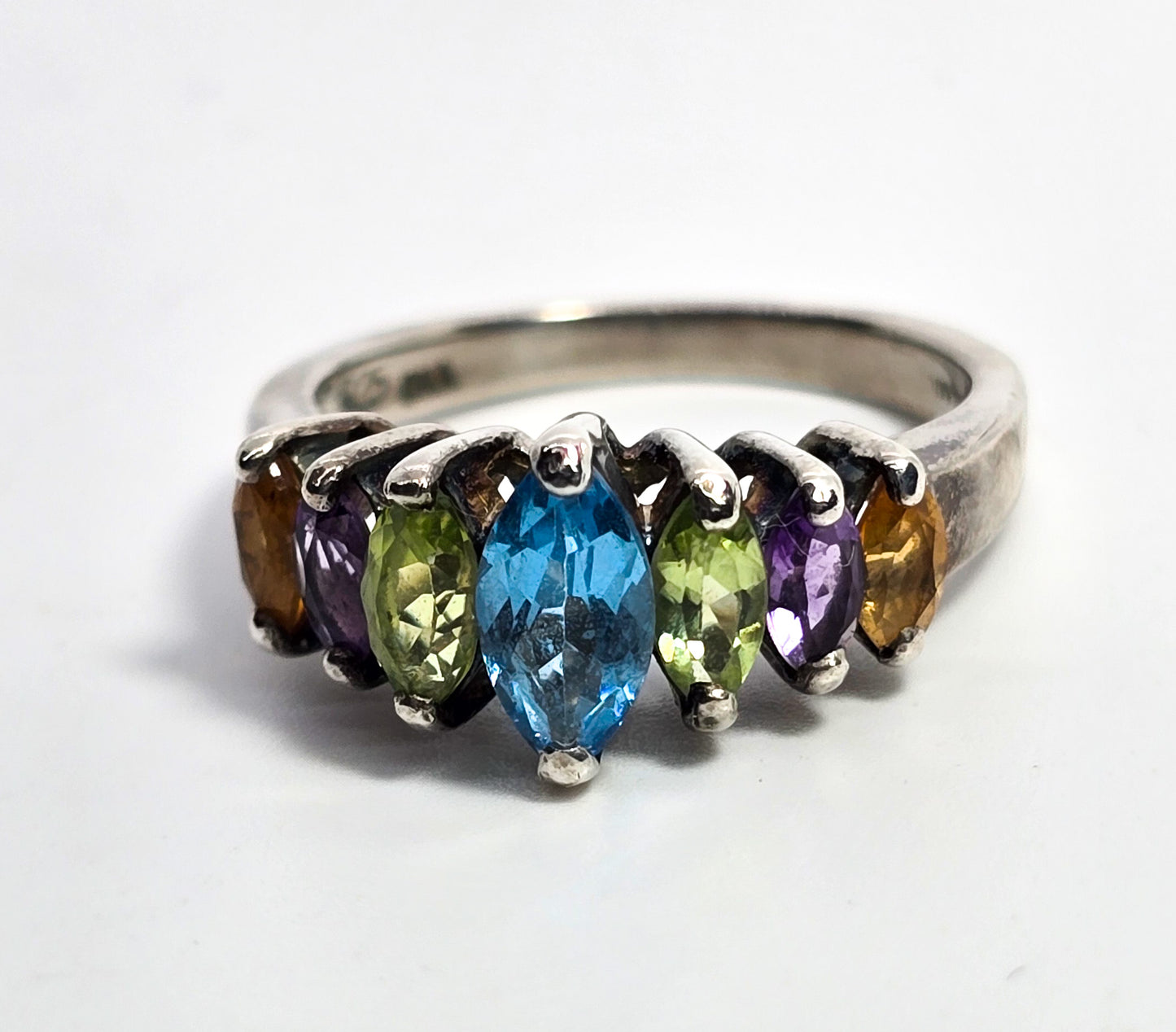 CNA mutli gemstone topaz, peridot, amethyst and citrine marquis sterling silver ring size 7