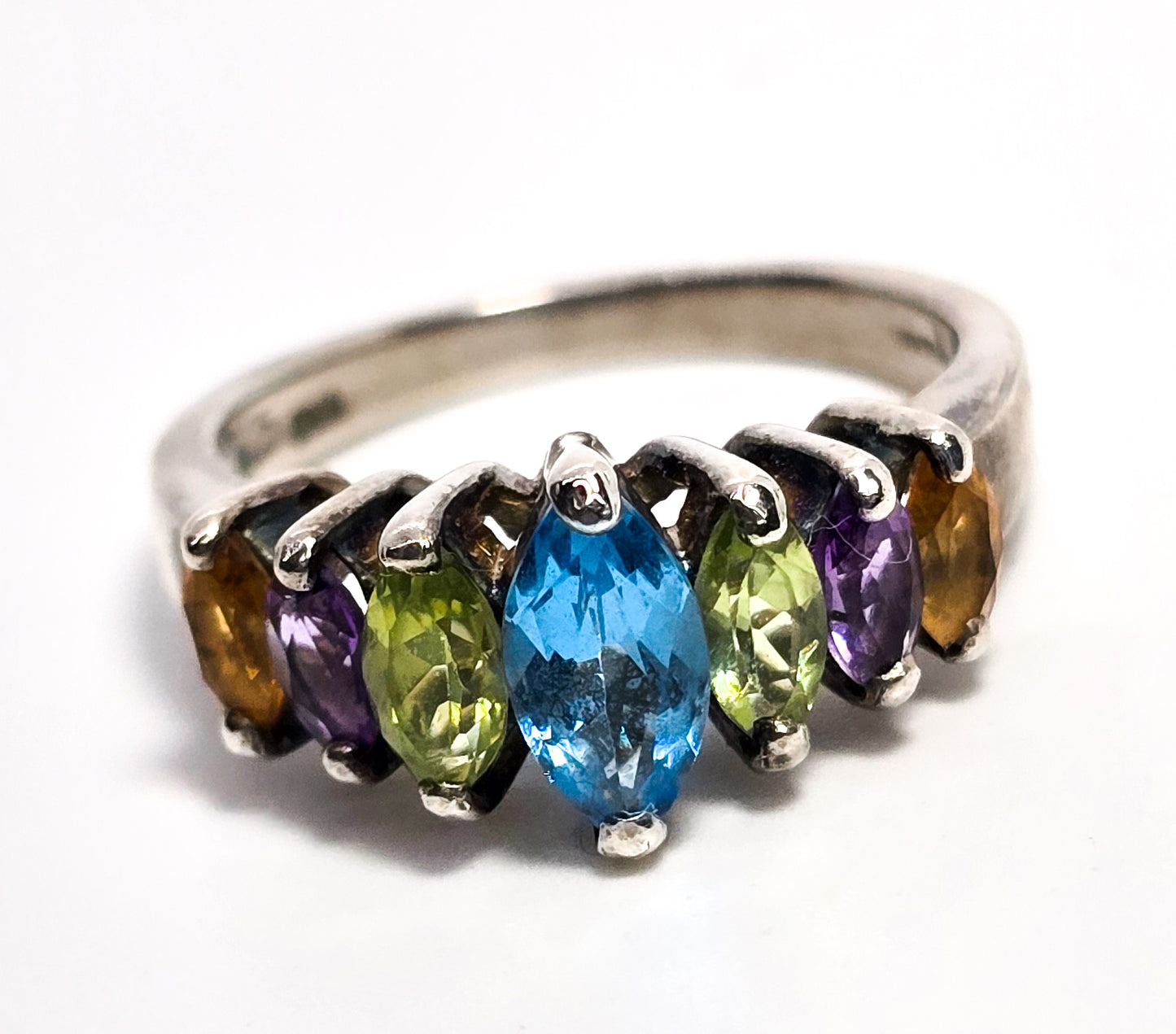 CNA mutli gemstone topaz, peridot, amethyst and citrine marquis sterling silver ring size 7