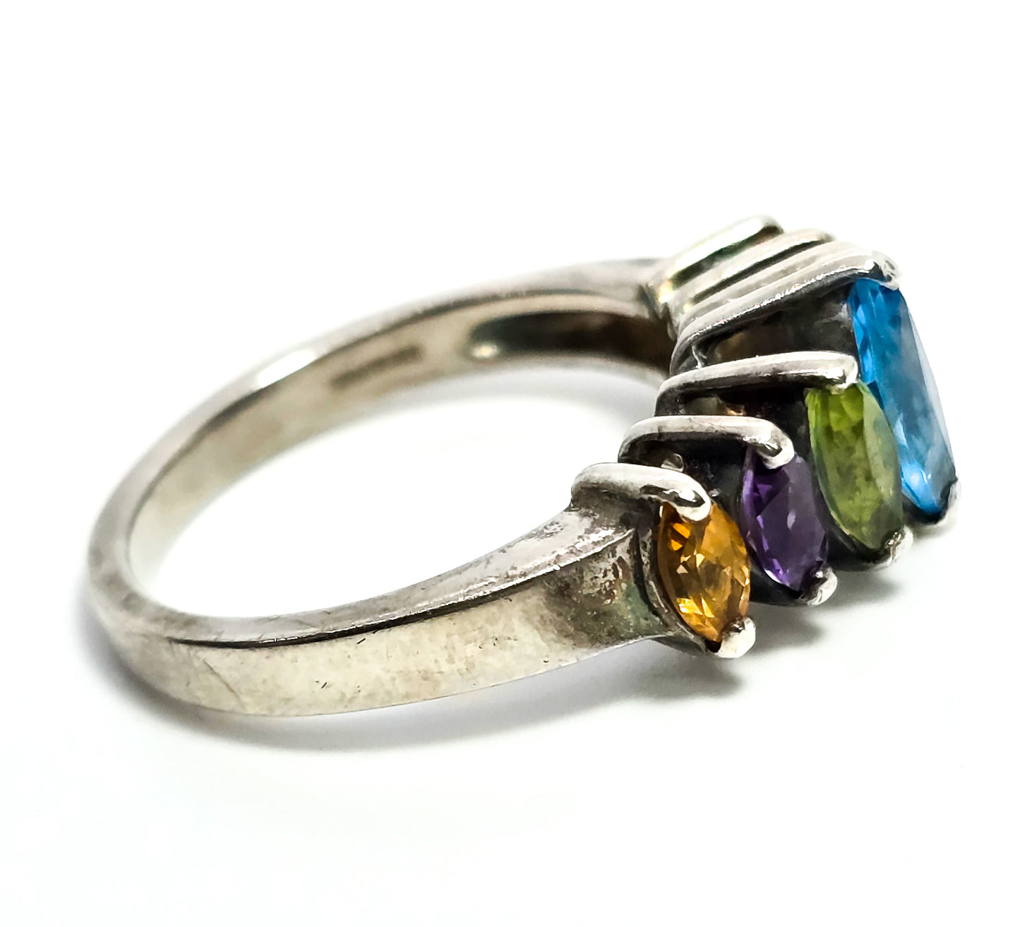 CNA mutli gemstone topaz, peridot, amethyst and citrine marquis sterling silver ring size 7