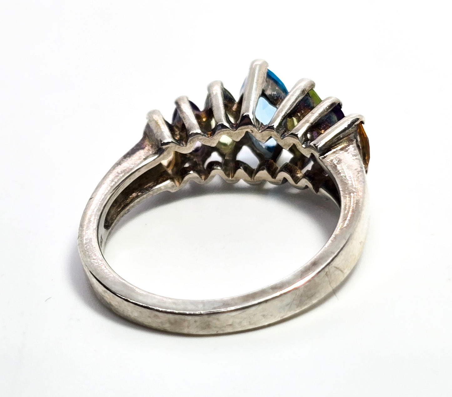 CNA mutli gemstone topaz, peridot, amethyst and citrine marquis sterling silver ring size 7
