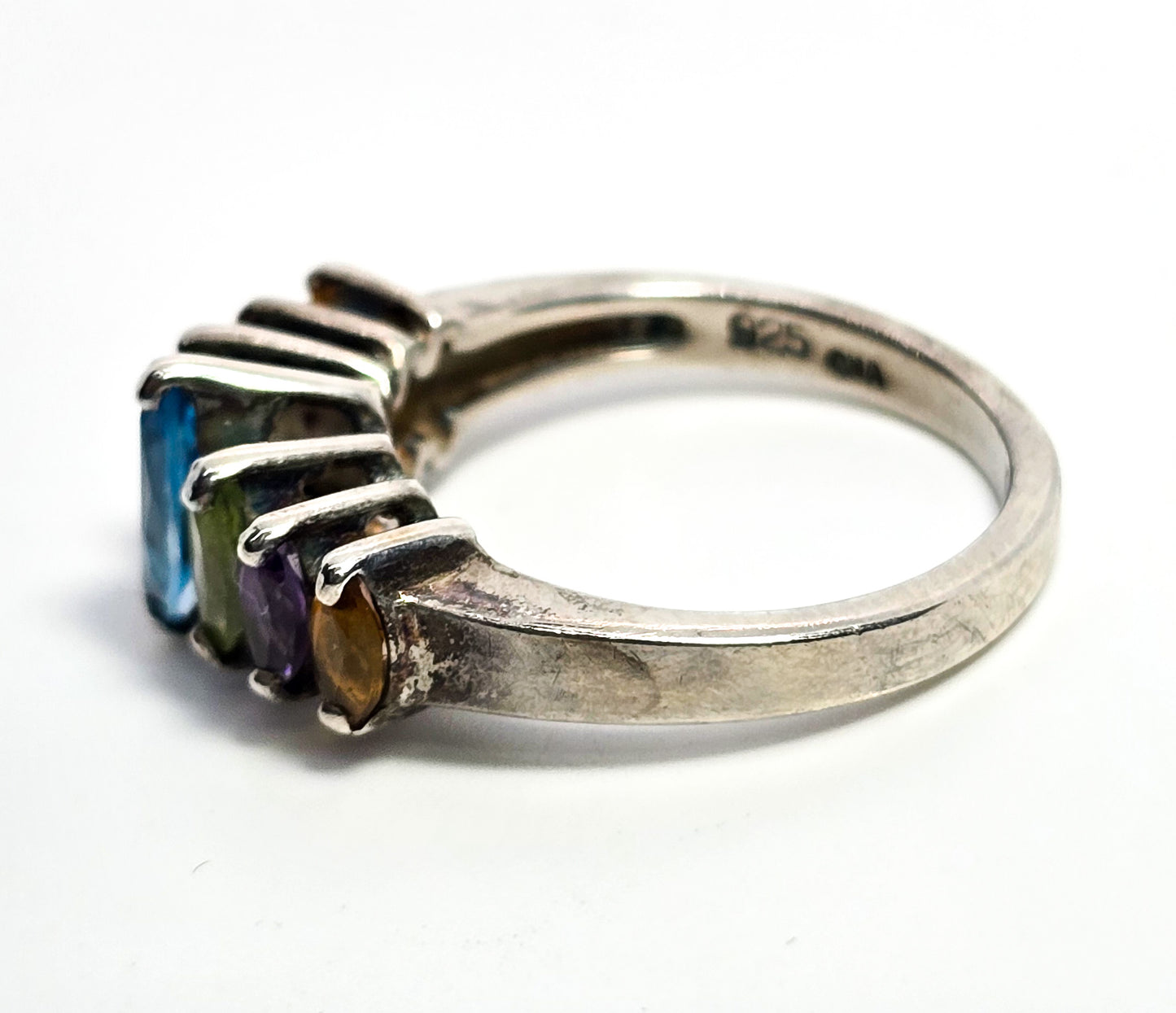 CNA mutli gemstone topaz, peridot, amethyst and citrine marquis sterling silver ring size 7