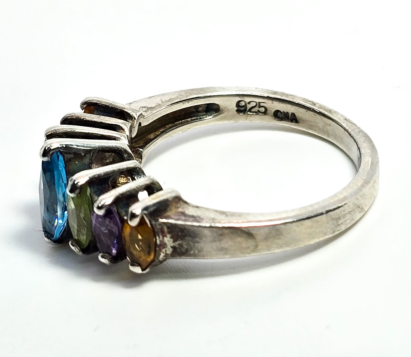 CNA mutli gemstone topaz, peridot, amethyst and citrine marquis sterling silver ring size 7