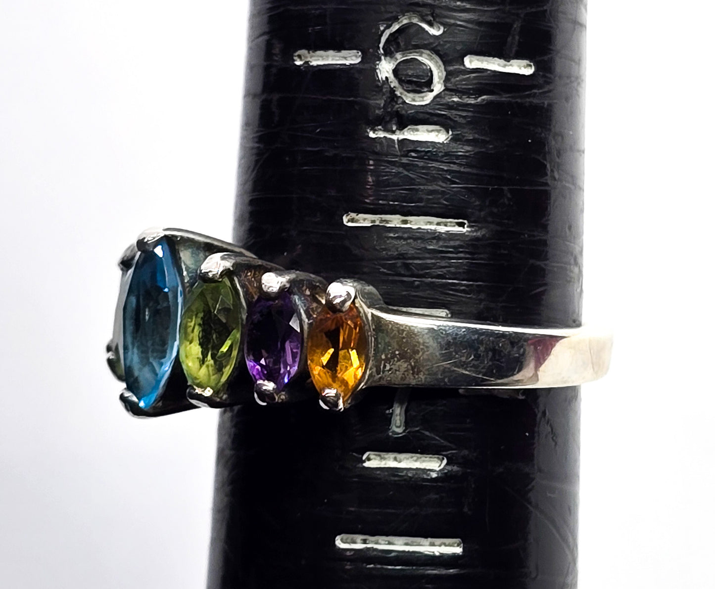 CNA mutli gemstone topaz, peridot, amethyst and citrine marquis sterling silver ring size 7