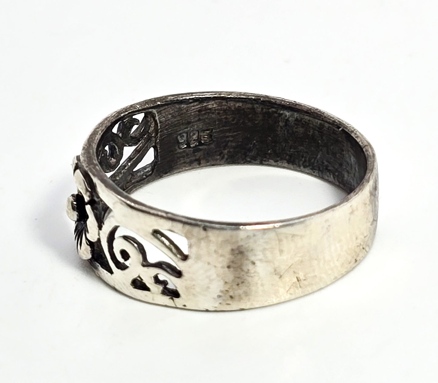 Silver flower open work simple filigree sterling silver ring band size 8